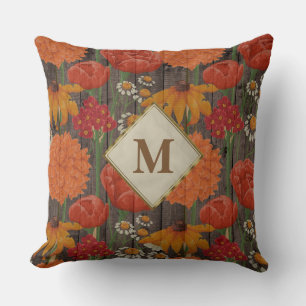 Monogram Rode Oranje bloemen en Daisies Brown Wood Kussen