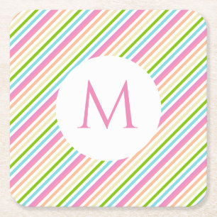 Monogram rode roze gele blauwe witte strepen vierkante kartonnen onderzetter