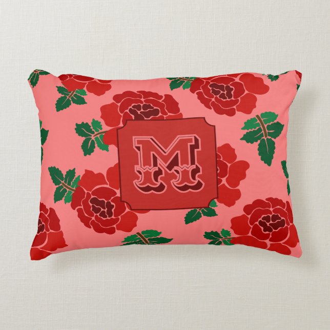 Monogram Rode Rozen  Accent Kussen (Voorkant)