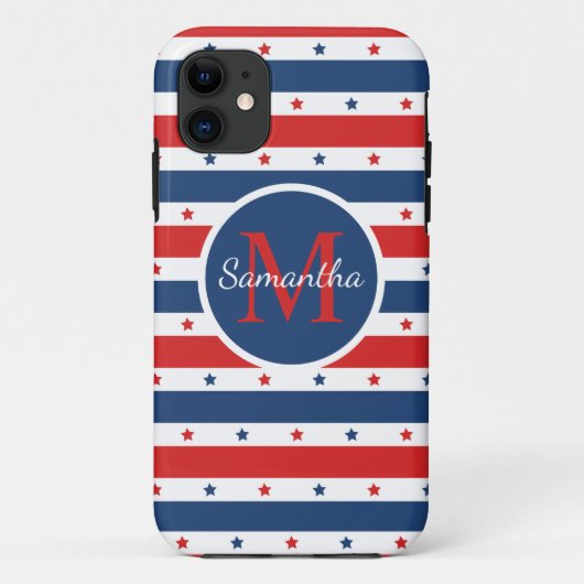Monogram rode witte blauwe patriottische sterren Case-Mate iPhone case (Achterkant)