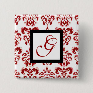 MONOGRAM RODE WITTE DAMASKZWART VIERKANTE BUTTON 5,1 CM