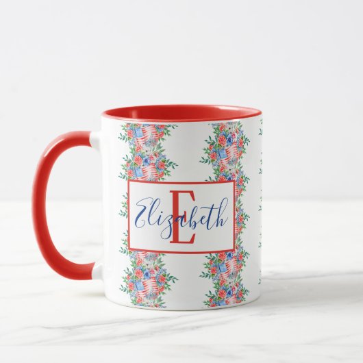 Monogram rode witte en blauwe naam op 4 juli mok (Links)
