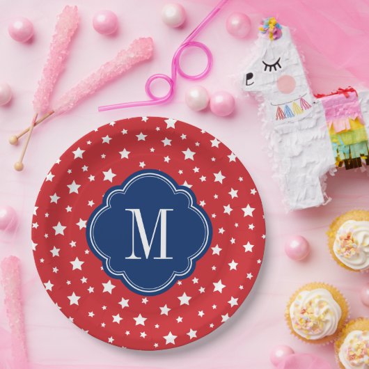 Monogram rode witte en blauwe patriottische sterre papieren bordje (Feest)