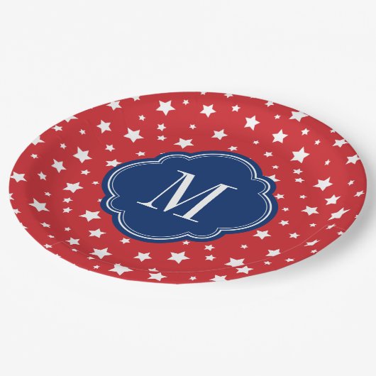 Monogram rode witte en blauwe patriottische sterre papieren bordje (Gekanteld)