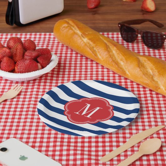 Monogram rode witte en blauwe patriottische strepe papieren bordje (Picknick)
