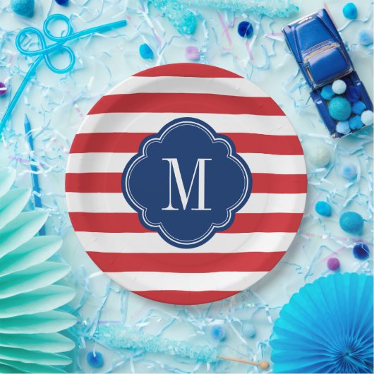 Monogram rode witte en blauwe patriottische strepe papieren bordje (Feest)
