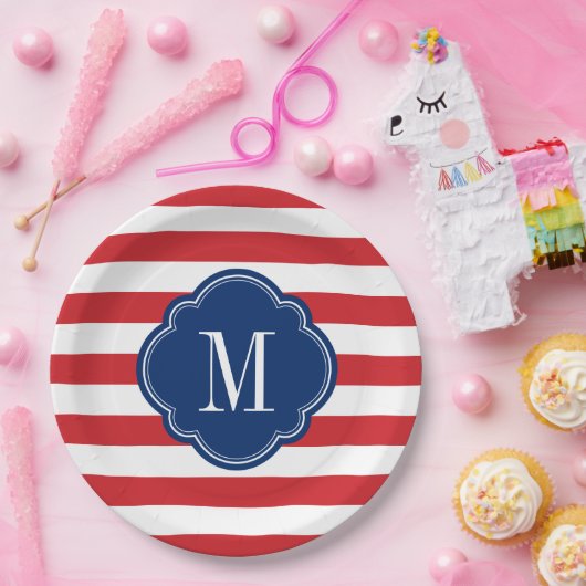 Monogram rode witte en blauwe patriottische strepe papieren bordje (Feest)