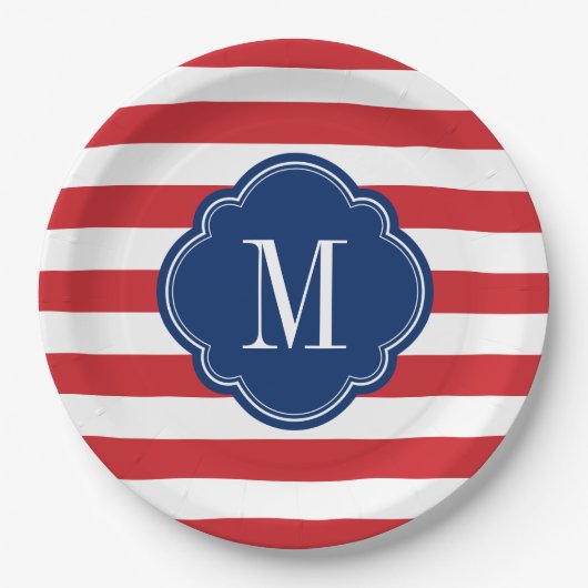 Monogram rode witte en blauwe patriottische strepe papieren bordje (Voorkant)