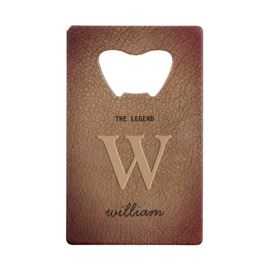 Monogram roestbruin leder stijlvolle scriptnaam kredietkaart flessenopener (Voorkant)