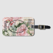Monogram Romantic French roses Pink Ephemera Bagagelabel (Voorkant (horizontaal))