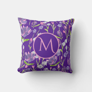 Monogram Romantisch Paars Roze Feminine Floral Kussen