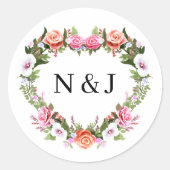 Monogram Romantische Rozen Bloemhart Trouwzegel Ronde Sticker (Voorkant)