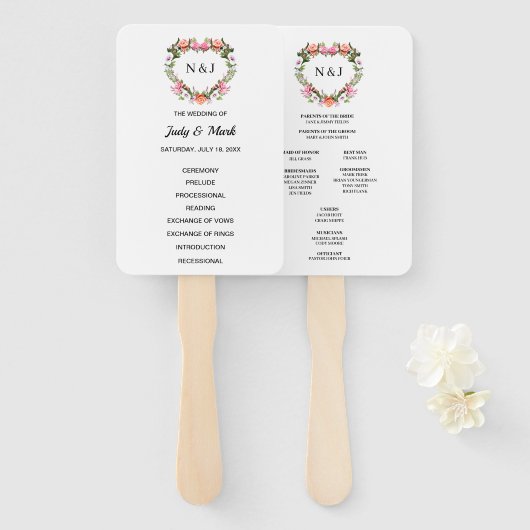 Monogram Romantische Rozen Floral Heart Handwaaier (Voorkant en achterkant)