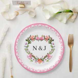 Monogram Romantische Rozen Floral Heart Papieren Bordje