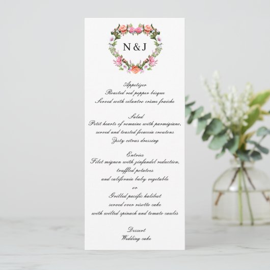 Monogram Romantische Rozen Floral Heart Wedding Me Menu (Staand voorkant)