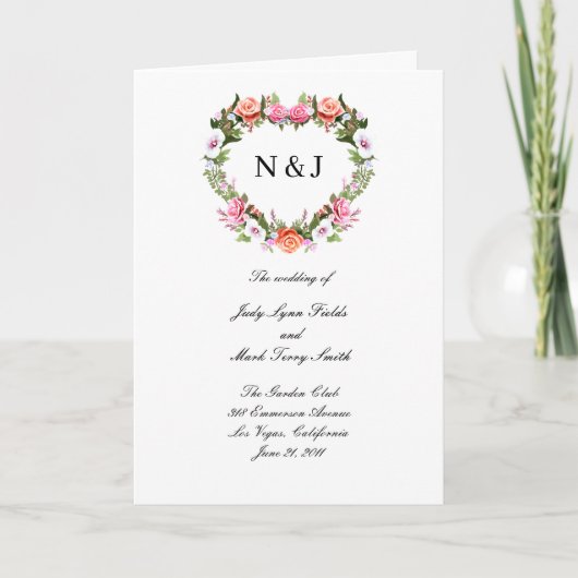 Monogram Romantische Rozen Floral Heart Wedding Programma (Voorkant)
