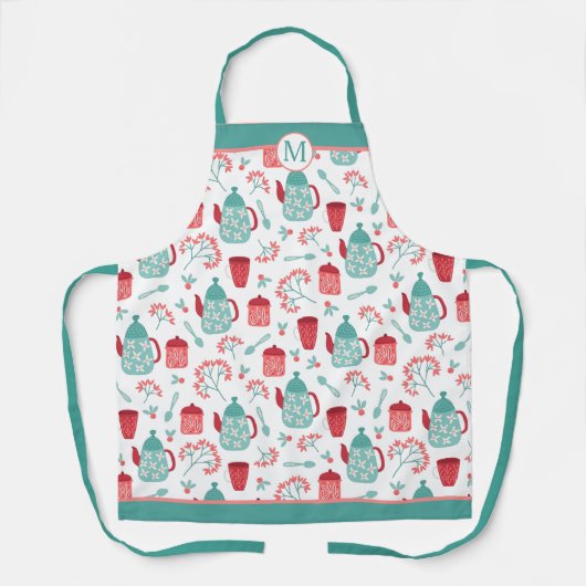 Monogram rood blauw koffietijd schort (Voorkant)