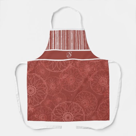 Monogram rood boho patroon en witte strepen schort (Voorkant)