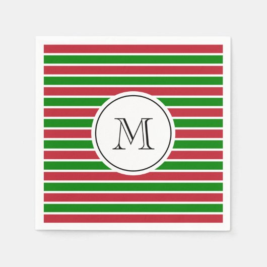 Monogram Rood en Groene Stripes Kerstmis Servet (Voorkant)