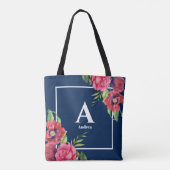 Monogram Rood en Roze Bloemen Donkere Navy Blauw Draagtas (Achterkant)