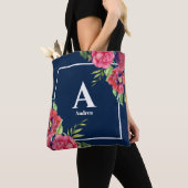 Monogram Rood en Roze Bloemen Donkere Navy Blauw Draagtas (Dichtbij)