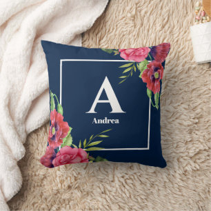 Monogram Rood en Roze Bloemen Donkere Navy Blauw Kussen