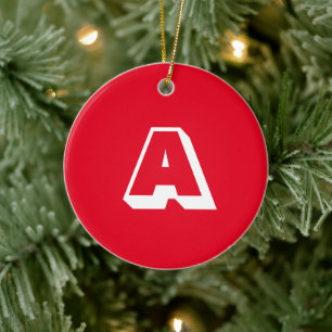 Monogram rood en wit, aangepast initiaal Kerstmis Keramisch Ornament