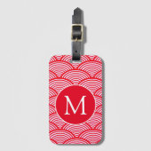 Monogram rood en wit Scallop Patroon Bagagelabel (Voorkant (verticaal))