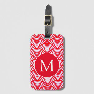 Monogram rood en wit Scallop Patroon Bagagelabel