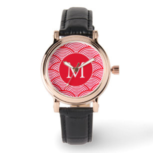 Monogram rood en wit Scallop Patroon Horloge