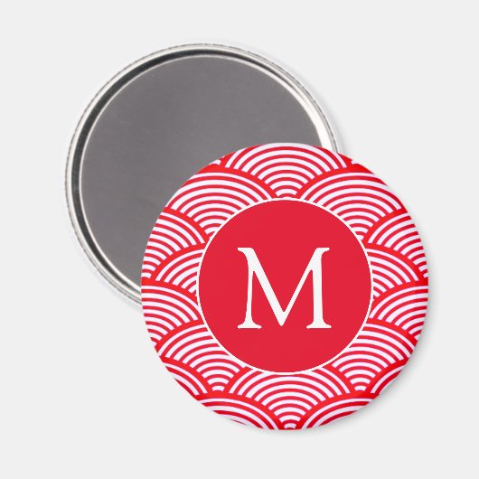 Monogram rood en wit Scallop Patroon Magneet (Voorkant / Achterkant)
