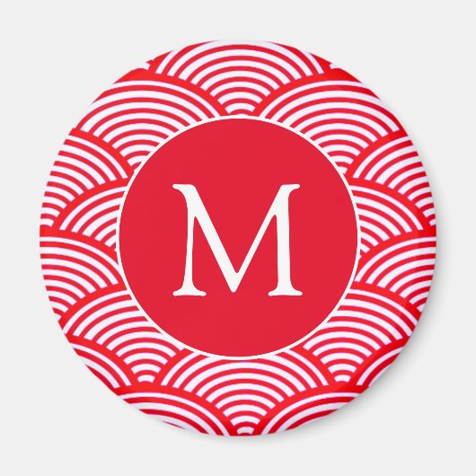 Monogram rood en wit Scallop Patroon Magneet (Voorkant)