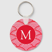 Monogram rood en wit Scallop Patroon Sleutelhanger (Voorkant)