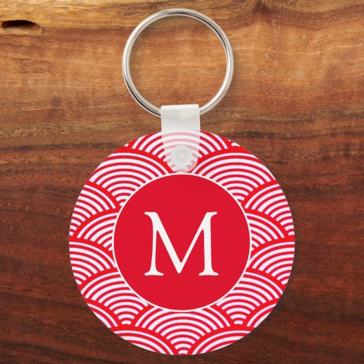 Monogram rood en wit Scallop Patroon Sleutelhanger (Voorkant)