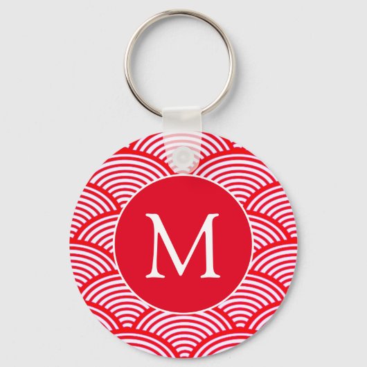 Monogram rood en wit Scallop Patroon Sleutelhanger (Achterkant)