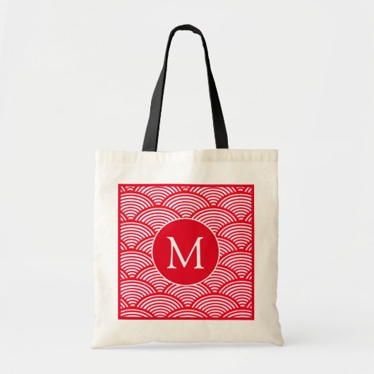 Monogram rood en wit Scallop Patroon Tote Bag (Voorkant)