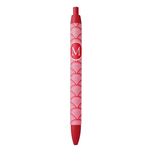 Monogram rood en wit Scallop Patroon Zwarte Inkt Pen (Voorkant Verticaal)