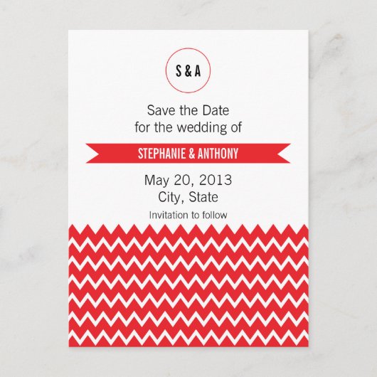 Monogram Rood en Witte Chevron Pattern Wedding Aankondigingskaart (Voorkant)