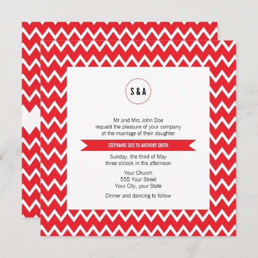 Monogram Rood en Witte Chevron Pattern Wedding Kaart (Voorkant / Achterkant)
