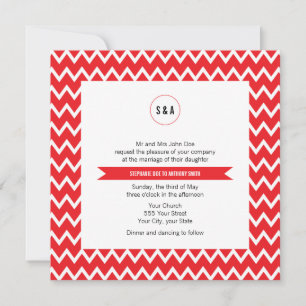 Monogram Rood en Witte Chevron Pattern Wedding Kaart
