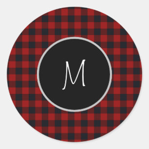Monogram rood en zwart Buffalo Plaid Ronde Sticker