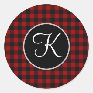 Monogram rood en zwart Buffalo Plaid Ronde Sticker