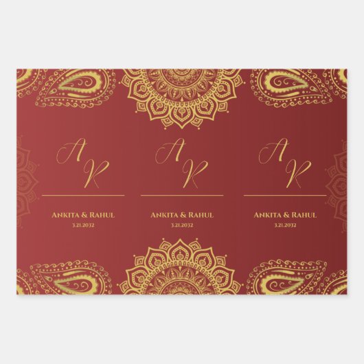 Monogram Rood Goud Mandala Indiase bruiloft Inpakpapier Vel (Voorkant 2)