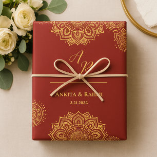 Monogram Rood Goud Mandala Indiase bruiloft Inpakpapier Vel