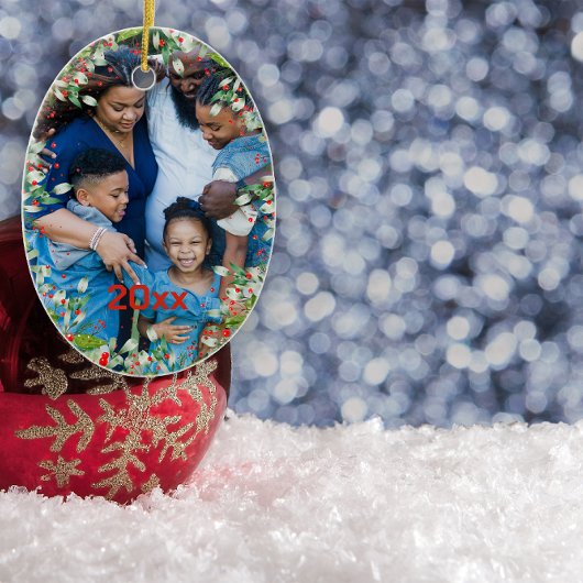 Monogram Rood Kerstmis Groene foto Klassieke Ronde Keramisch Ornament