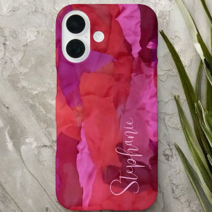 Monogram rood roze abstracte patroonnaam simpel iPhone 16 hoesje