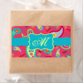 Monogram rood Turquoise Modern Paisley Pattern Etiket (Insitu)