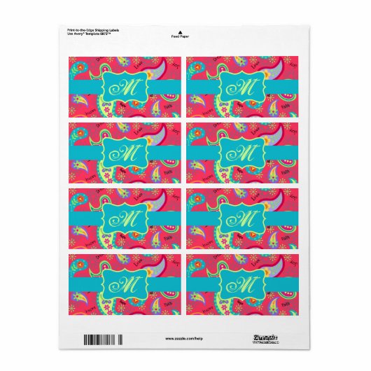 Monogram rood Turquoise Modern Paisley Pattern Etiket (Full Sheet)