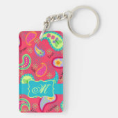 Monogram rood Turquoise Modern Paisley Pattern Sleutelhanger (achterkant)