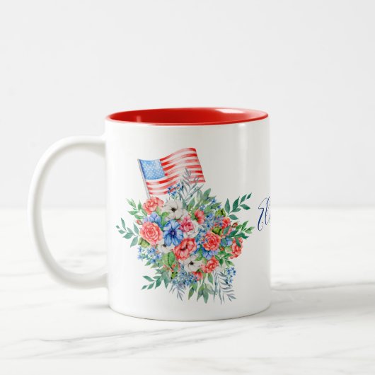 Monogram rood wit en blauw bloemen 4 juli tweekleurige koffiemok (Links)